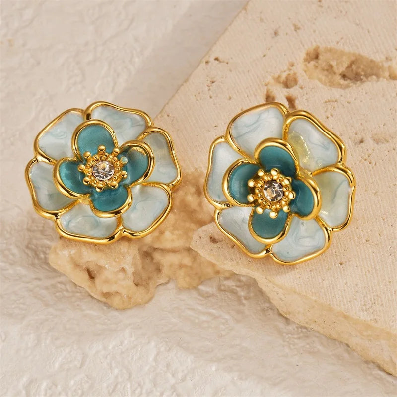 EILIECK 316L Stainless Steel Colorful Enamel Flower Necklace Earrings Ring Set For Women Trendy Waterproof Jewelry Lady Gift