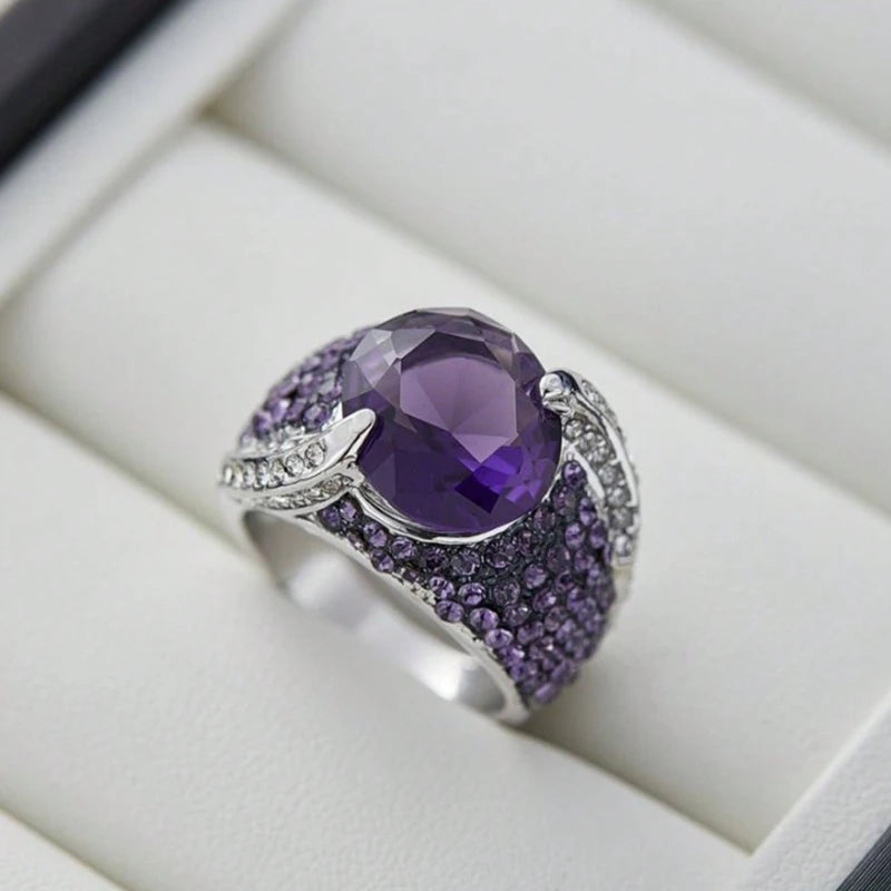1PC Luxurious Fashion Jewelry Wedding Rings for Women Elegant Bright Silver Color Inlaid Purple Zircon Punk Engagement Ring