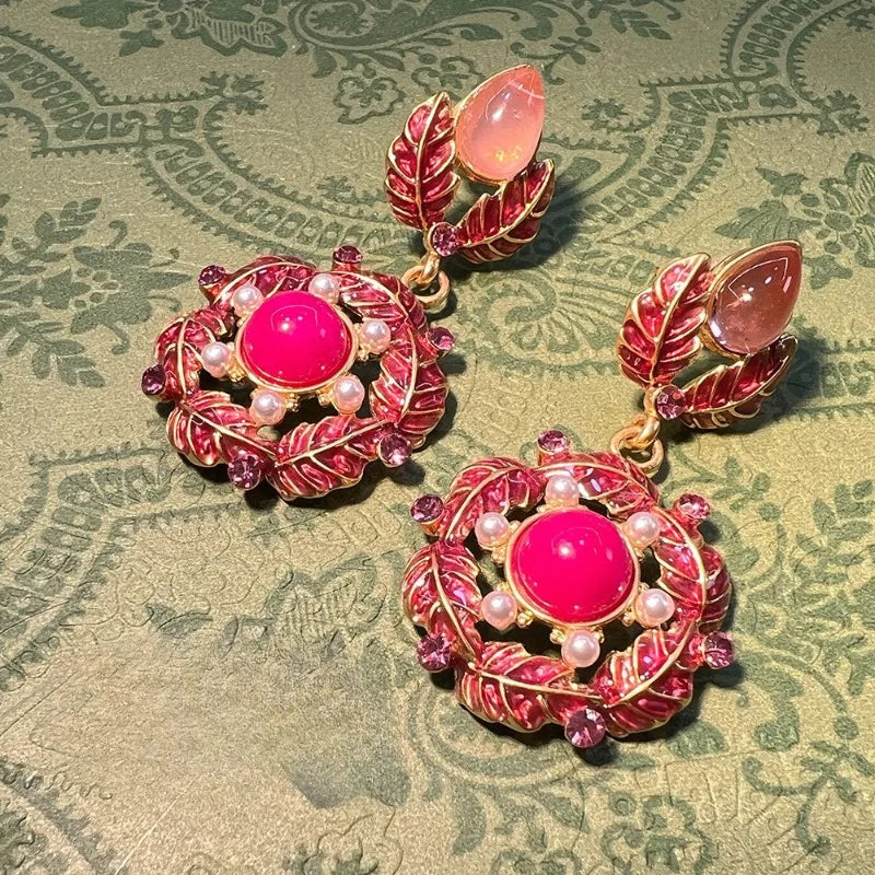 NISHIZAWA Pink Flowers Earrings for Women Enamel Vintage Court Style Jewelry Fashion Exquisite Elegant Pendientes Mujer