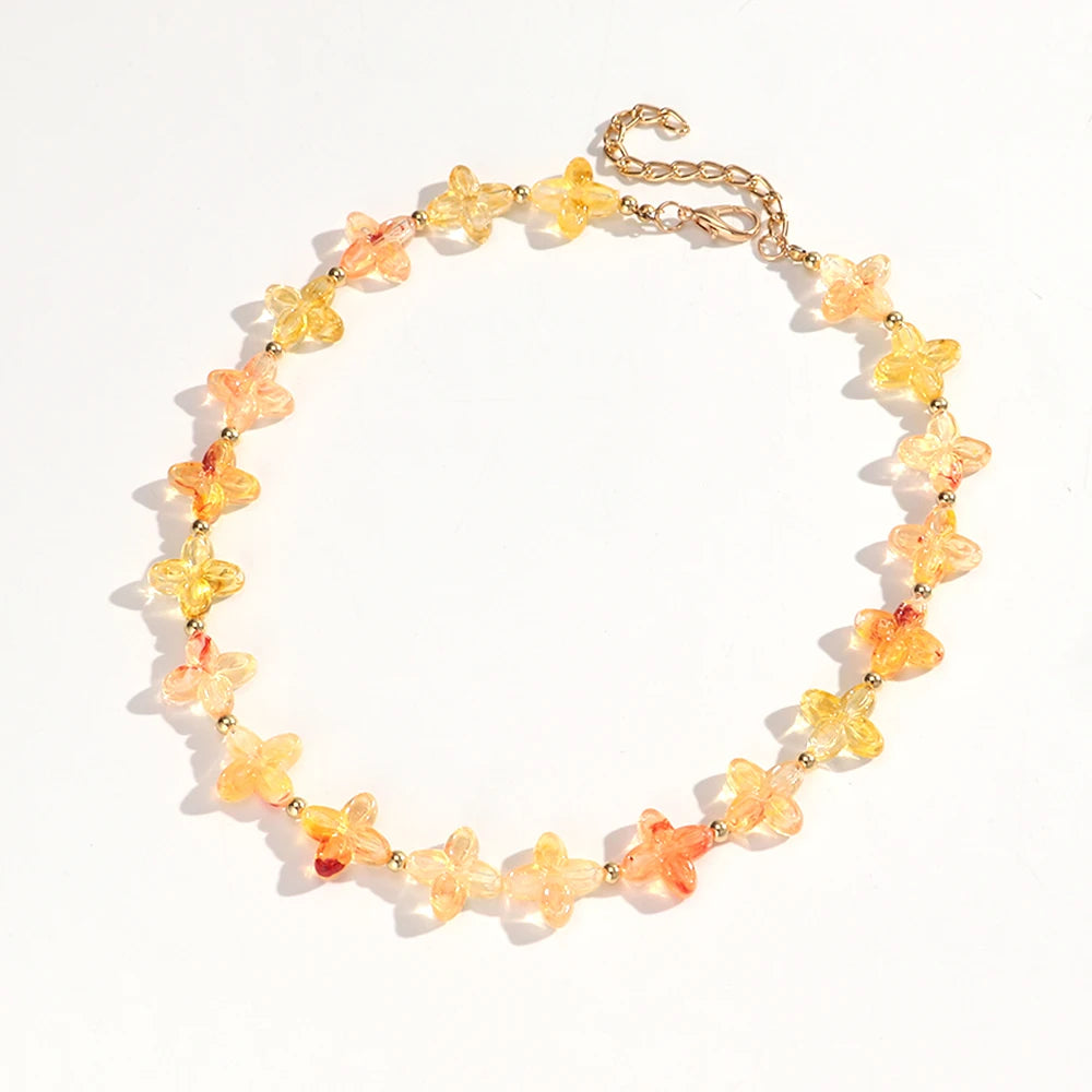 Cute Colorful Geometric Flower Beaded Choker Necklace Sweet Resin Beads Necklaces for Women Spring Summer Jewelry Gifts