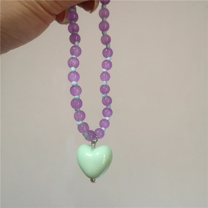 Y2K Retro Resin Pendant Necklaces Women Beaded Candy Color Heart Necklaces Exquisite Cute Daily Party Jewelry Accessories Gifts