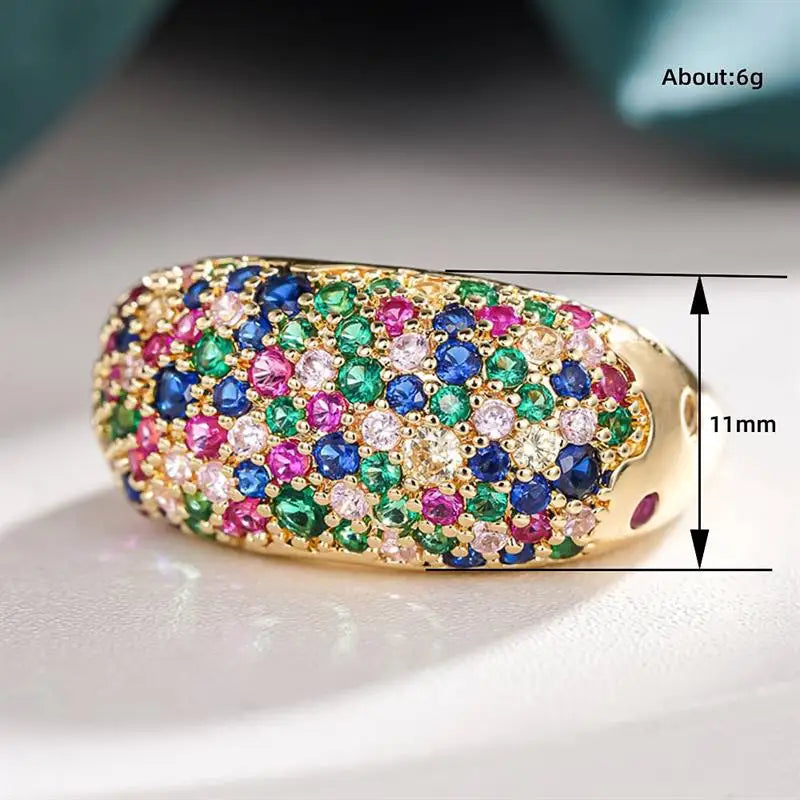 Huitan Sparkling Women Ring Gold Color Luxury Wedding Party Fashion Accessories Inlaid Shiny Colorful CZ Gorgeous Lady Jewelry