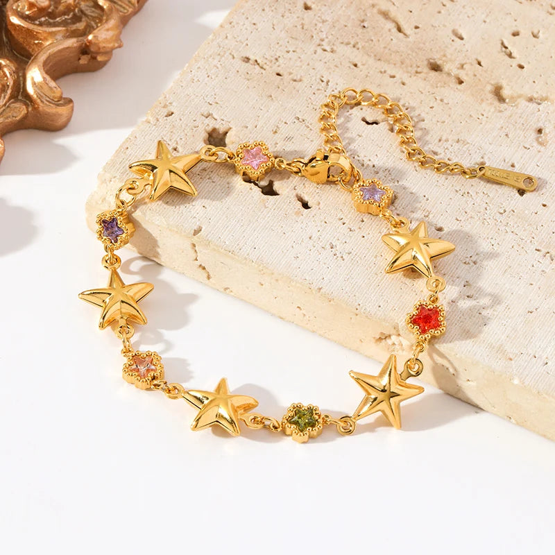 EILIECK 316L Stainless Steel Colorful Star Zircon Charm Bracelet Gold Color Jewelry Trendy Metal Texture Accessories for Women