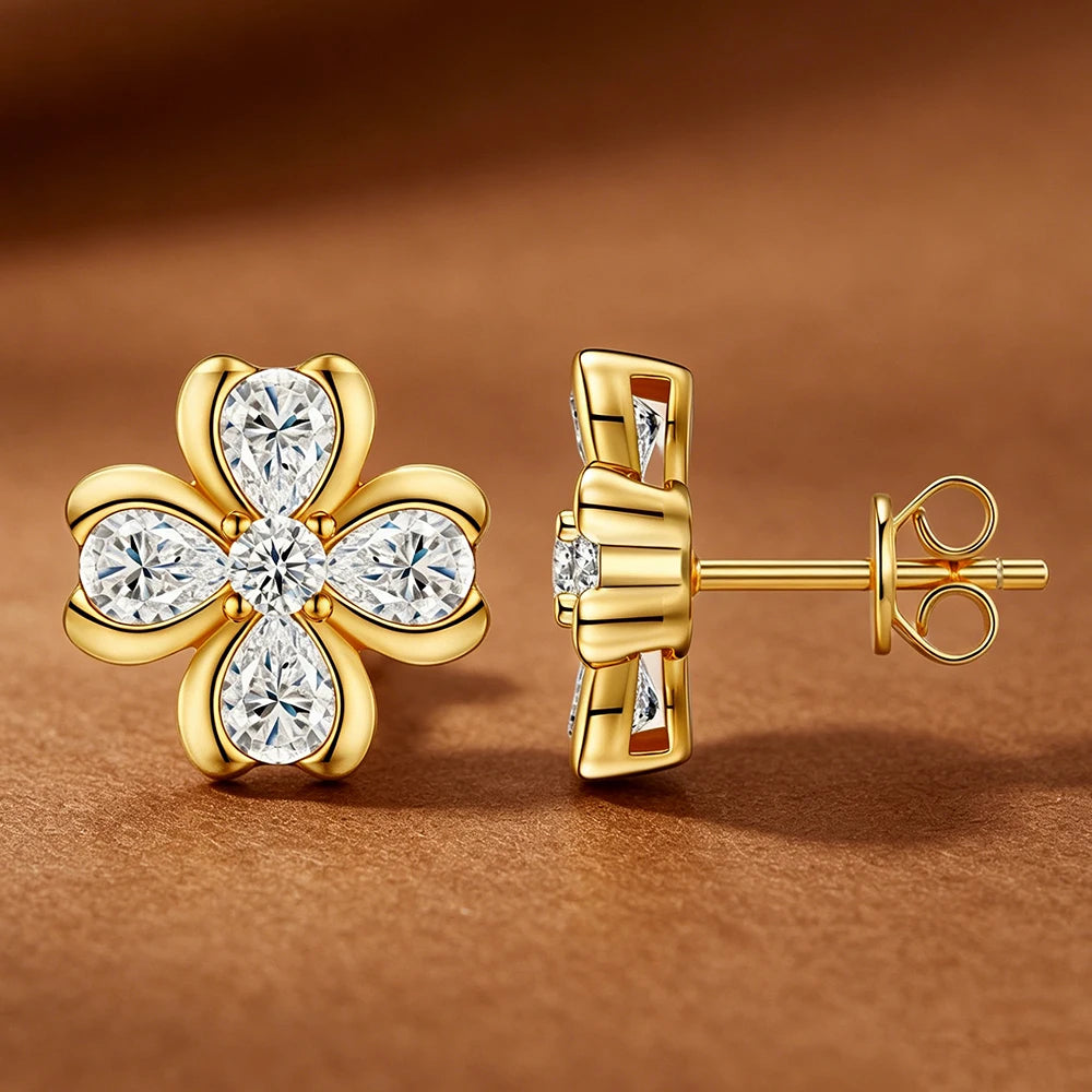 18K Gold Plated 2.52cttw All Moissanite Stud Earring For Women Pear/Round Cut Diamond 925 Sterling Silver Flower Wedding Jewelry