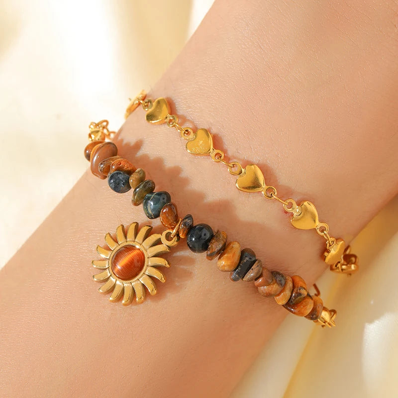 EILIECK 316L Stainless Steel Vintage Brown Beaded Pendant Necklace Bracelet Trendy For Women New Gift Waterproof Jewelry Set