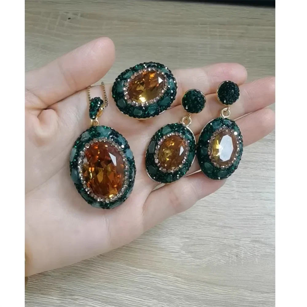Round Colored Change Sultanite Crystal Bangle Rings Sets for Women Necklace Earring Rings Golden Green Zultanite Quartz Jewelry
