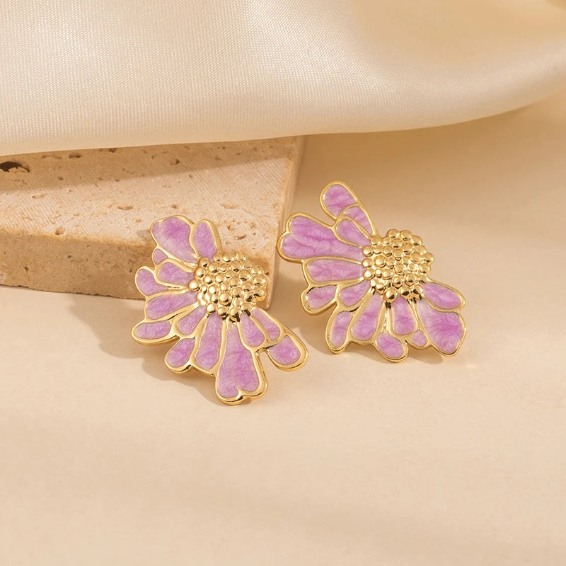 ANENJERY 316L Stainless Steel Drop Oil Flower Stud Earrings For Women Temperament Vintage Elegant Simple Jewelry Gifts Wholesale