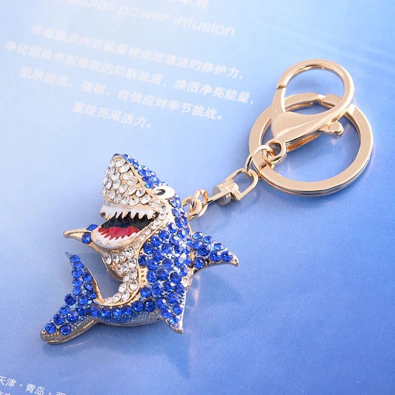 Fashion Rhinestone Crystal Metal Keychain Lovely Cartoon Marine Style Tortoise Fish Dolphin Keyring HandBag Car Pendant Gift