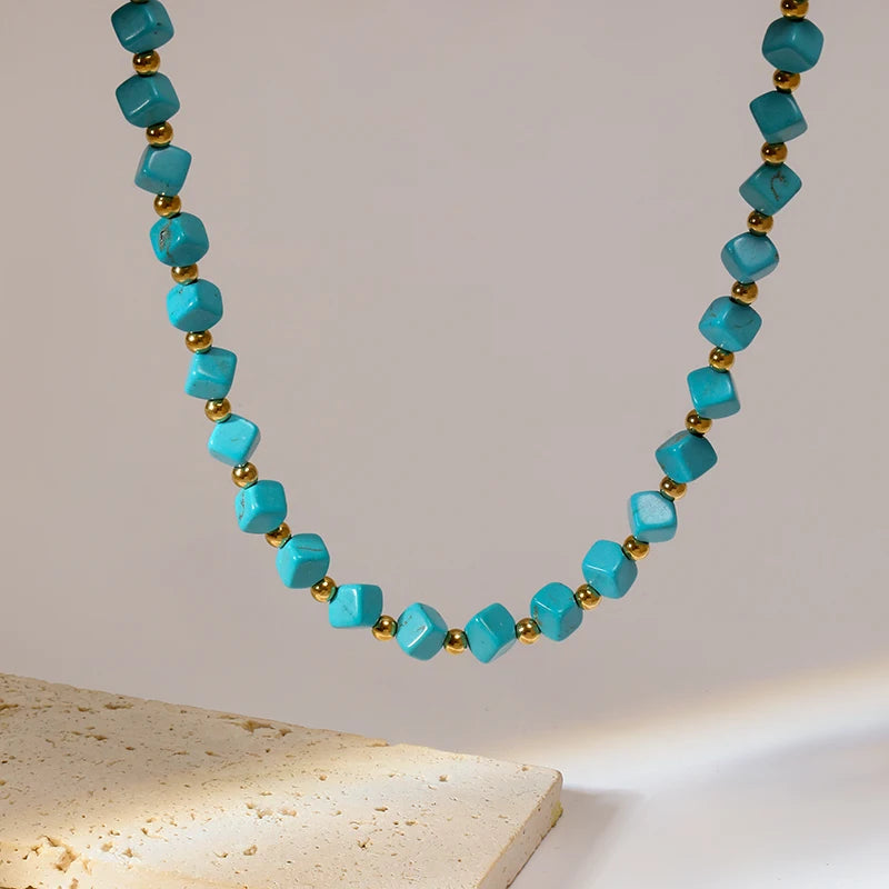 EILIECK 316L Stainless Steel Green Stone Necklaces Irregular Bead String Necklace Fashion Women's Vacation Jewelry Chain Chokers