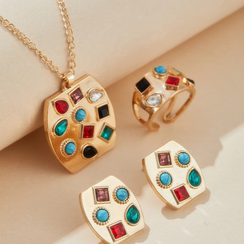 4pcs/set Fashion Jewelry Set with Colorful Inlaid Zirconia Pendant Necklace Earrings Ring for Women Holiday Party Accessories