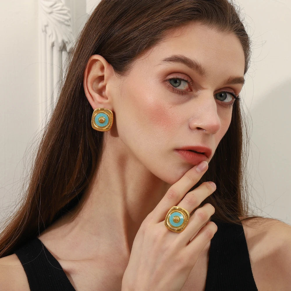 E.B.belle New Design Blue Drop Oil Square Shell Trendy Women's Earrings Rings 18K Gold Plated Stainless Steel Jewelry Set