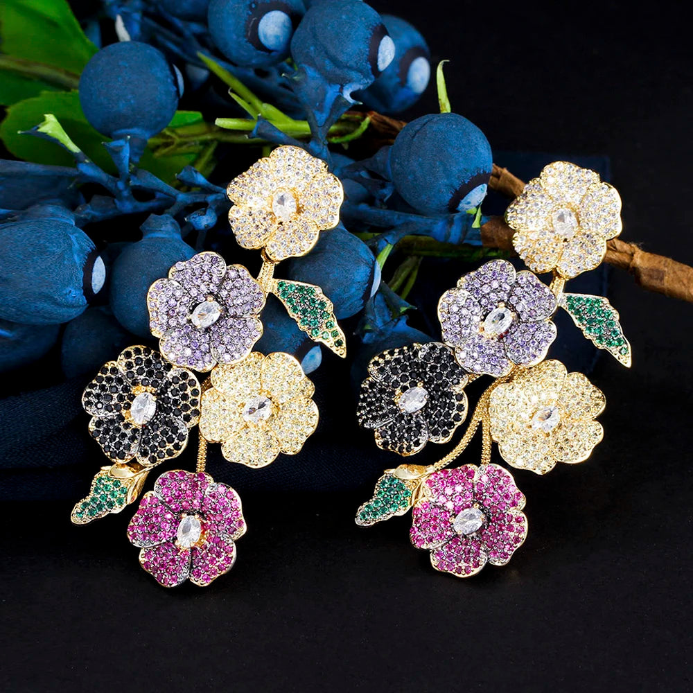 ThreeGraces Beautiful Cubic Zirconia Long Multicolor Flower Dangle Drop Earrings for Women Trendy Wedding Party Jewelry ER846