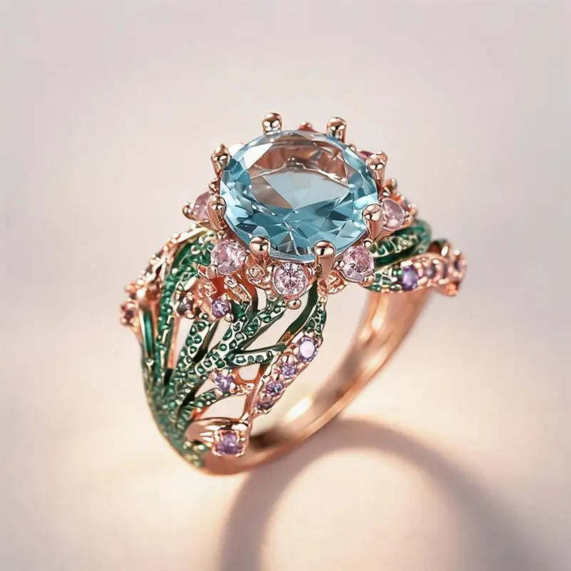 Huitan Special Flower Design Women Ring Colorful Enamel Wedding Party Two Tone Accessories Inlaid Shiny Blue CZ Noble Jewelry