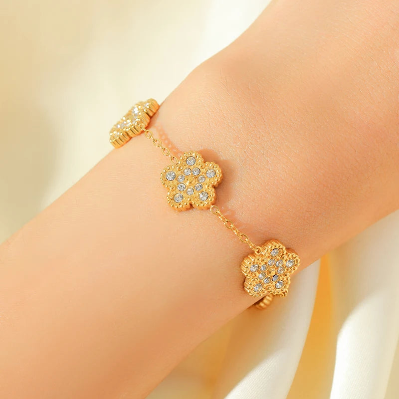 EILIECK New Fashion Stainless Steel Pink Zircon Clover Necklace Bracelet Earrings Set For Women Trendy Flower Jewelry Set Gift