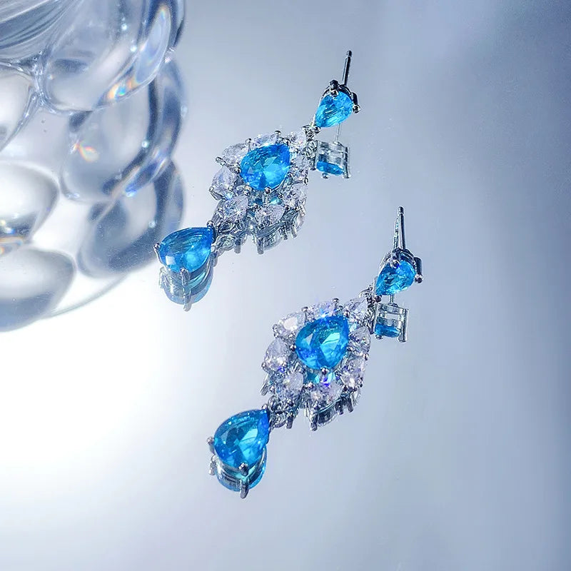 Fashion Temperament Long Water Drop Blue Zircon Eardrop Female Tide 925 Stamp Popular Bohemian Ear Accessories Gift