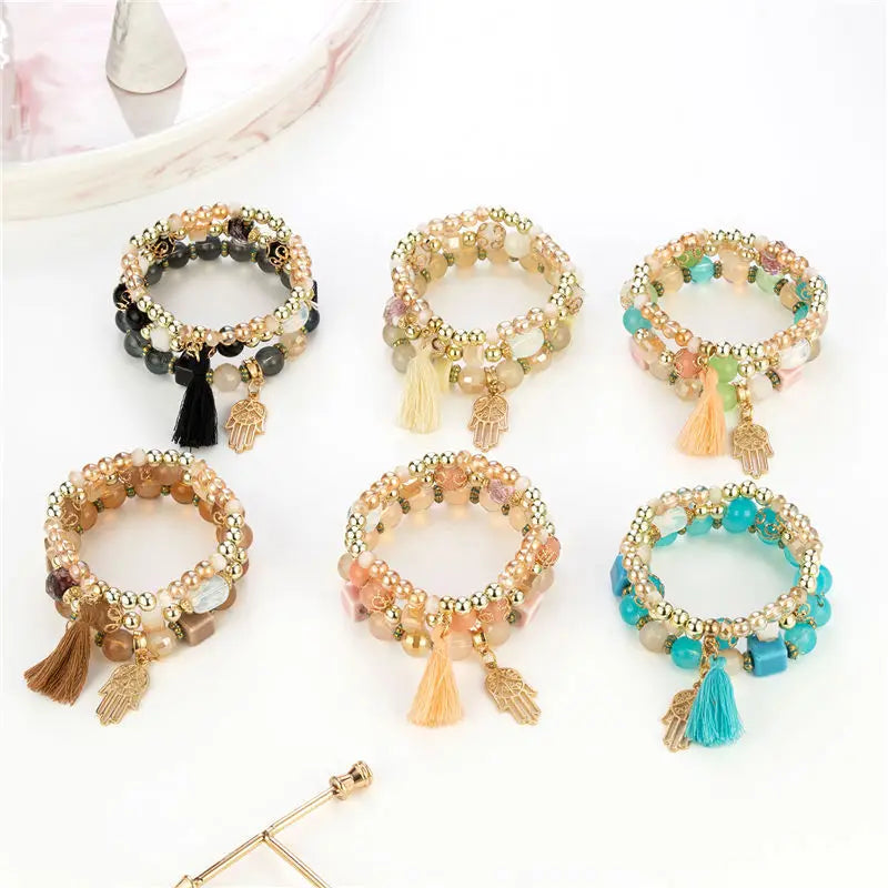 3Pcs/set Boho Fatima Hand Charm Bracelets Set For Women Tassel Colorful Beads Chain Bangle Girls Bohemian Jewelry Accessories