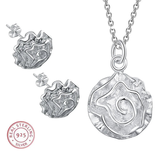 925 Sterling Silver Set High Quality Rose Flowers Necklace Earring Chain Fashion Jewelry For Women Wedding Birthday Party Gift