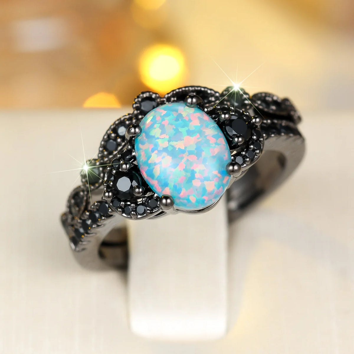 Small Round Charm Female Fashion Bule Opal Engagement Ring Set Luxury Black Color Wedding Jewelry For Women