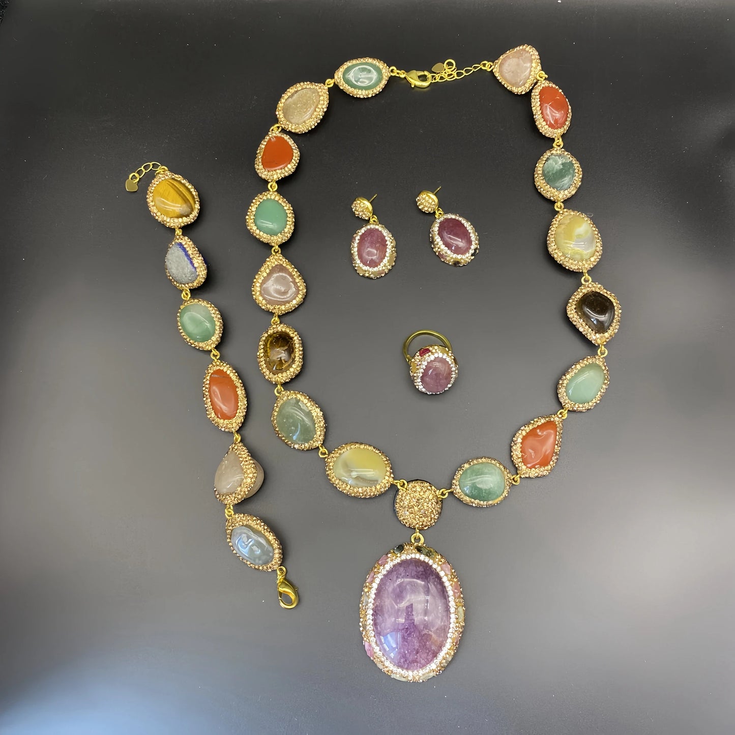 Colorful Multi Crystal Stone Jewelry Sets Natural Amethyst Tiger's Eyes Quartz Inlaid Rhinestone Beaded Necklace Earring