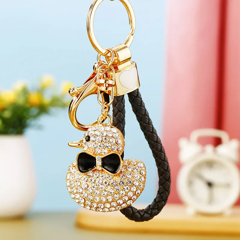 Creative rhinestone cute big yellow duck car keychain women's bag pendant metal key chain ring festival gift wholesale