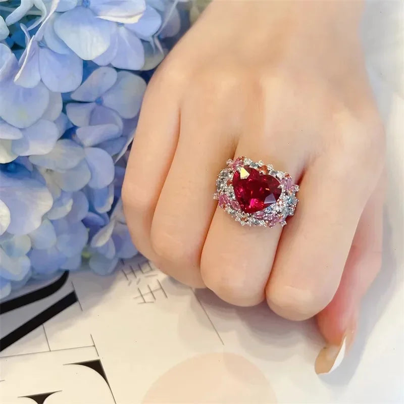 Simple Heart Ruby Ring for Women Female 925 Sterling Silver Open Finger Rings Romantic Gift for Girlfriend Zircon Jewelry