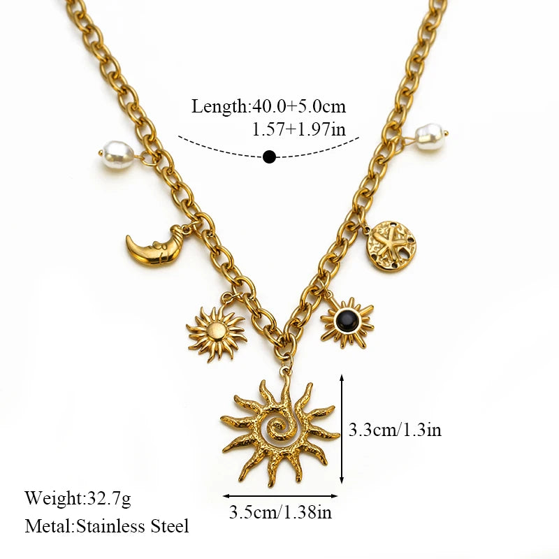 EILIECK 316L Stainless Steel Metal Gold Color Sun Moon Pendant Necklace Lady New Trendy Neck Chain Waterproof Jewelry Party Gift