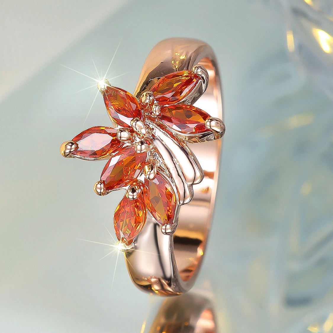 Cute Female Red Zircon Stone Tree Leaf Ring Rose Gold Color Engagement Charm Wedding Jewelry For Women