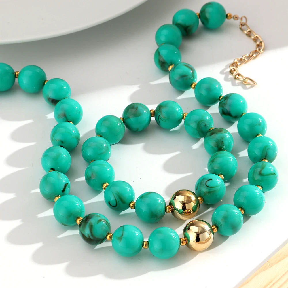 Trendy Acrylic Multicolor Round Beads Necklace Bracelet Set Resin Geometric Beaded Choker Necklaces 2026 Fashion Jewelry