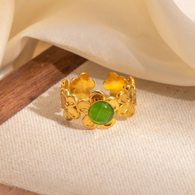 ANENJERY 316L Stainless Steel Flower Inlaid Colorful Stone Open Ring for Women Men Beauty Delicate Jewelry Gifts Wholesale
