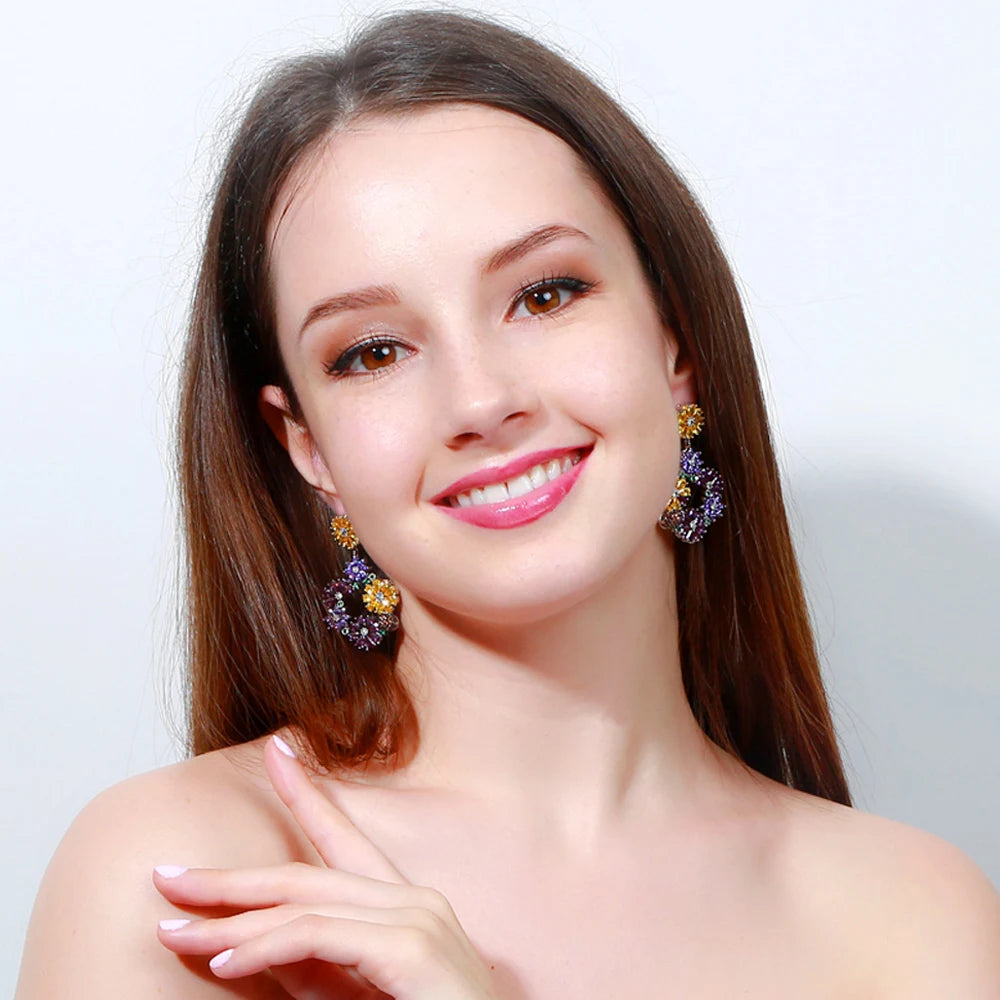 ThreeGraces Pink Yellow Cubic Zirconia Stone Cluster Flower Shaped Long Dangle Earrings for Women Evening Party Jewelry E2112