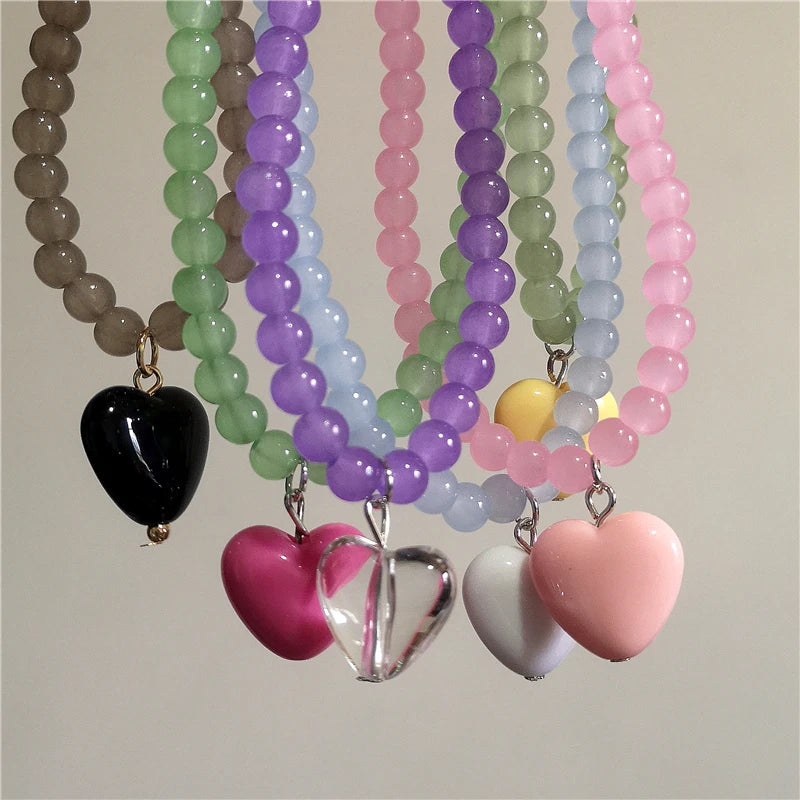 2026 Trendy Aesthetic Resin Candy Color Heart Pendant Glass Beaded Choker Charm Necklace For Women Girl Y2K Jewelry Accessories