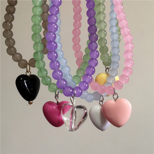2026 Trendy Aesthetic Resin Candy Color Heart Pendant Glass Beaded Choker Charm Necklace For Women Girl Y2K Jewelry Accessories