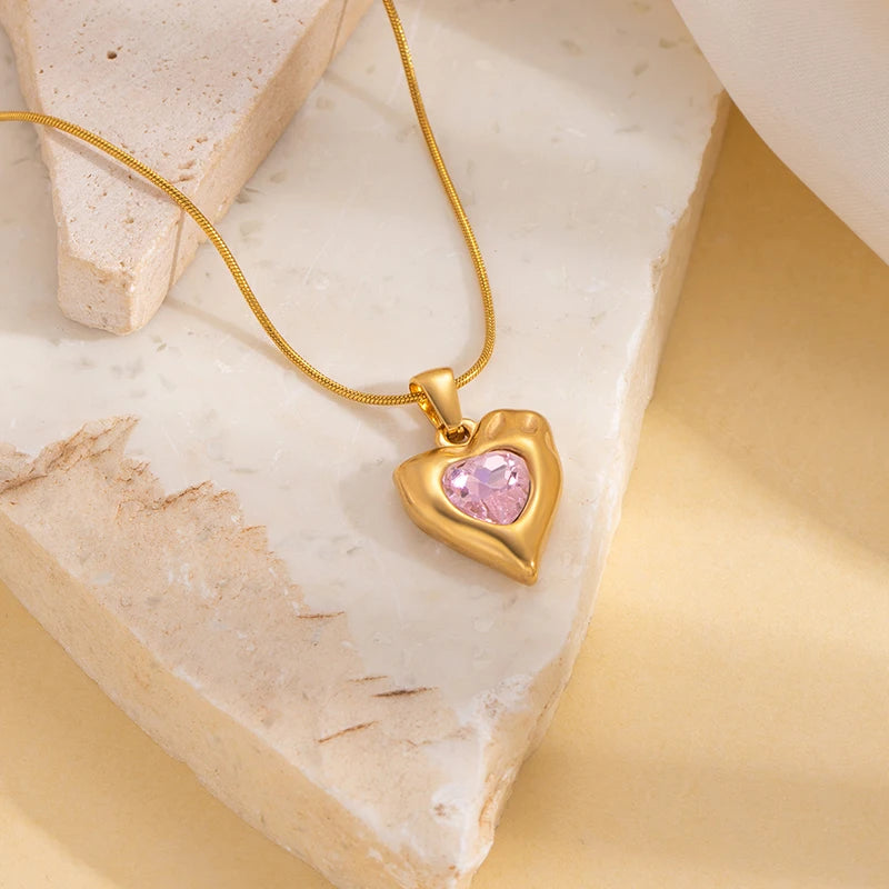 ANENJERY 316L Stainless Steel Irregular Geometry Heart Pendant Necklace For Women Simple French Temperament Fashion Jewelry Gift