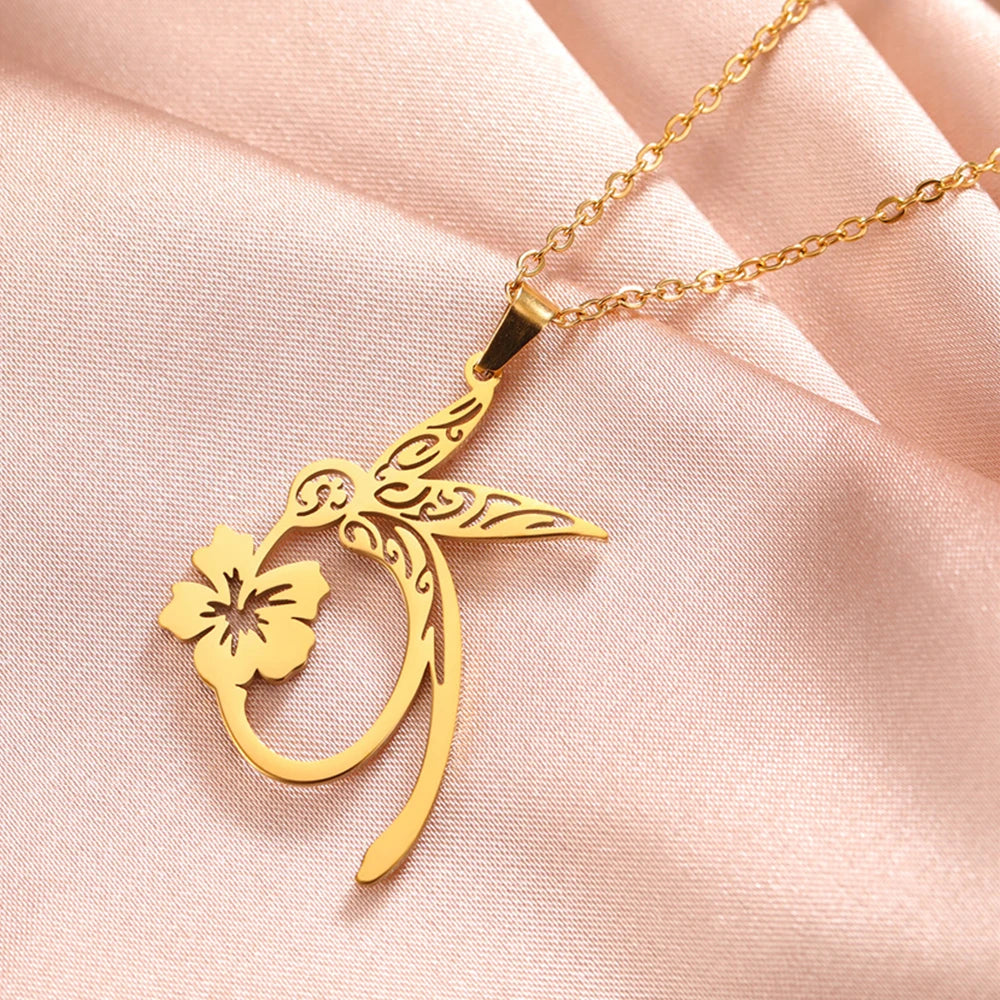 My Shape Hummingbird Flower Pendant Necklaces for Women  Bird Floral Stainless Steel Chain Choker Fashion Jewelry Gifts