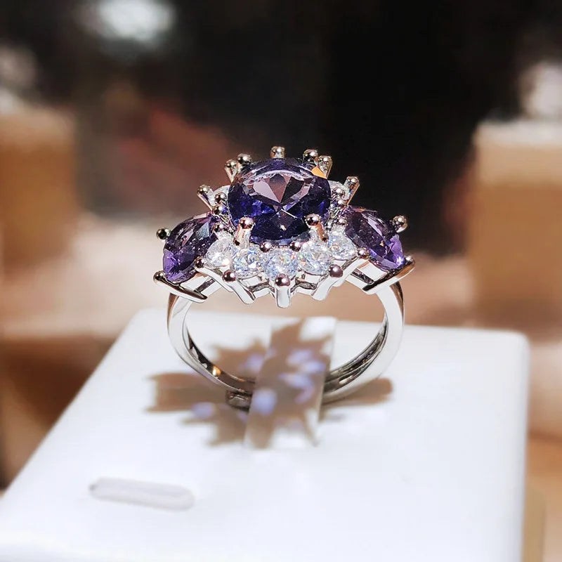 925 Silver Simple Sweet Diamond Ring Ladies New Purple Zircon Ring Women's Party Wedding Birthday Gift Wholesale