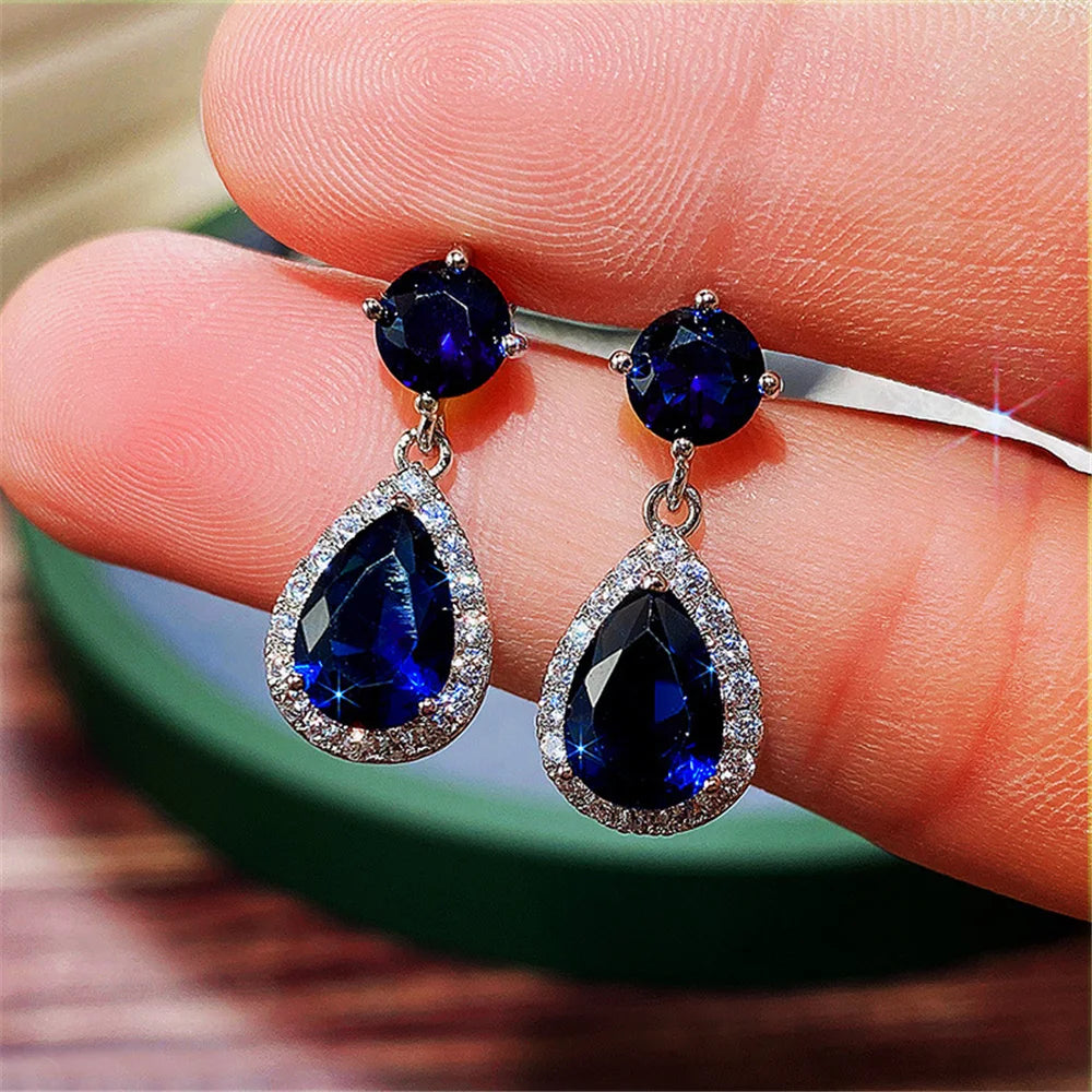 Luxury Female Blue Yellow White Zircon Stone Drop Dangle Earrings Cute Silver Color Party Jewelry For Women