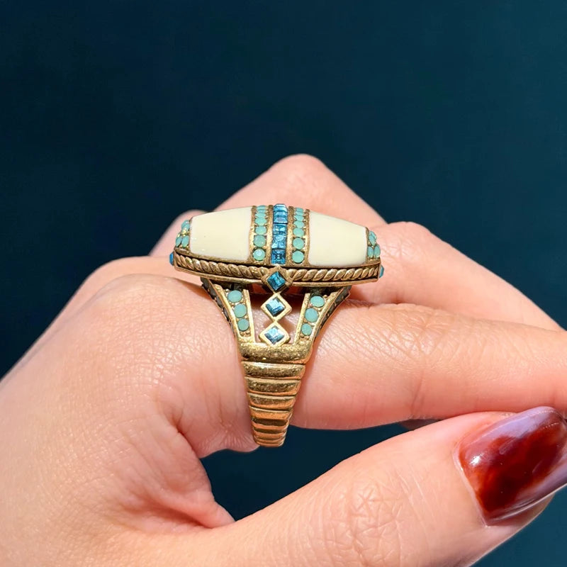 Vintage Oval Sea Blue Crystal Rings Natural Stone White For Woman 18k Real Gold Plated Luxury Antique Jewelry High Quality 2026
