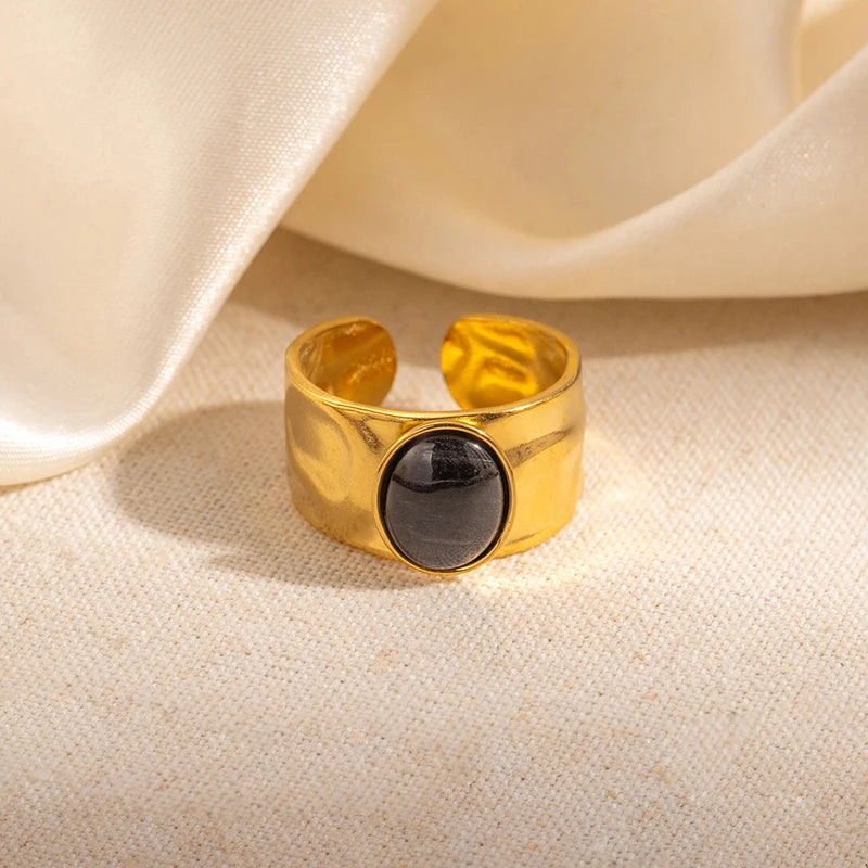 ANENJERY 316L Stainless Steel Colorful Stone Wide Smooth Open Ring for Women Men Elegant Noble Jewelry Gifts Wholesale