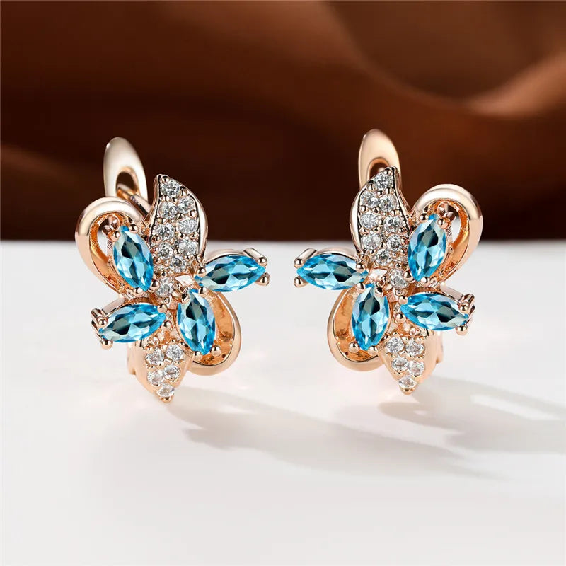 Cute Star Flower Multicolor Red Blue Zircon Stone Hoop Earrings Rose Gold Color Wedding Jewelry For Women