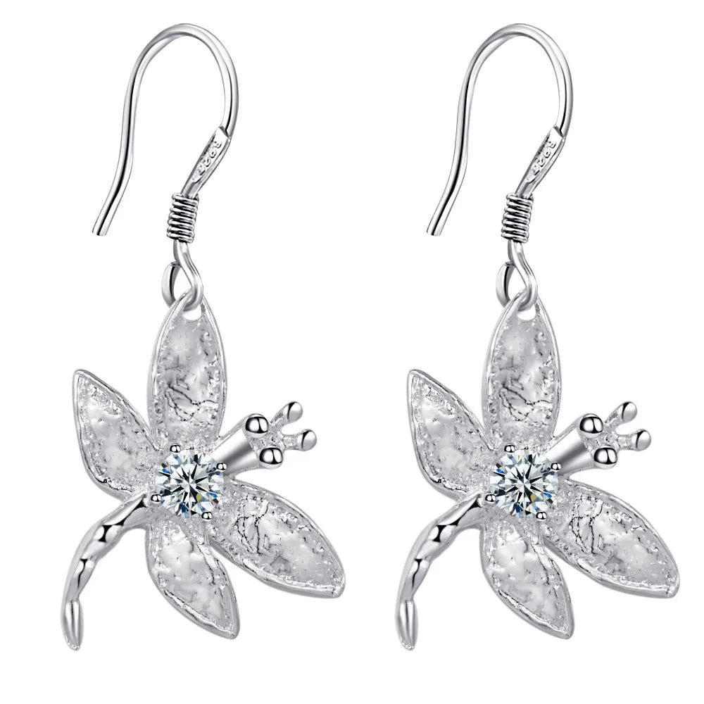 New 925 Sterling Silver Set High Quality Dragonfly Necklace Earring Chain Fashion Jewelry For Women Wedding Birthday Party Gift