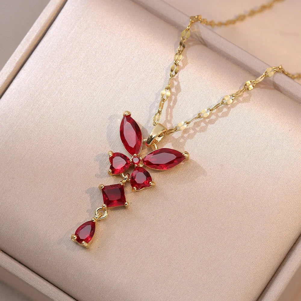Exquisite Micro Inlaid Zircon Butterfly Tassel Necklace For Women Stainless Steel Moon Butterfly Flower Clavicle Choker Jewelry