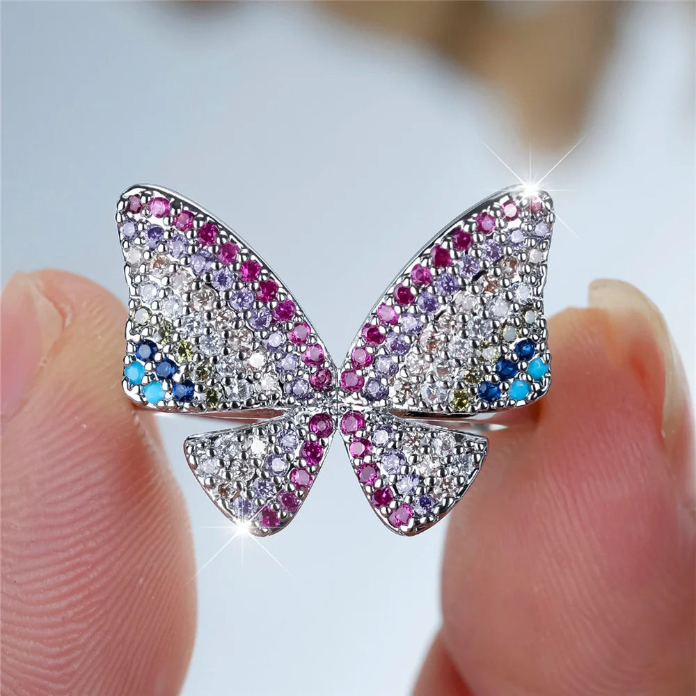 Charm Female Rainbow Butterfly Stone Adjustable Open Ring Gold Silver Color Cute Gift Wedding Jewelry For Women