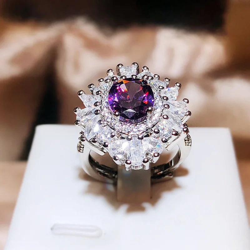 Classic Long Pillow Deep Purple Zircon Full Diamond Ring For Women 925 Silver Fashion Simulation Amethyst Open Ring Wedding Gift