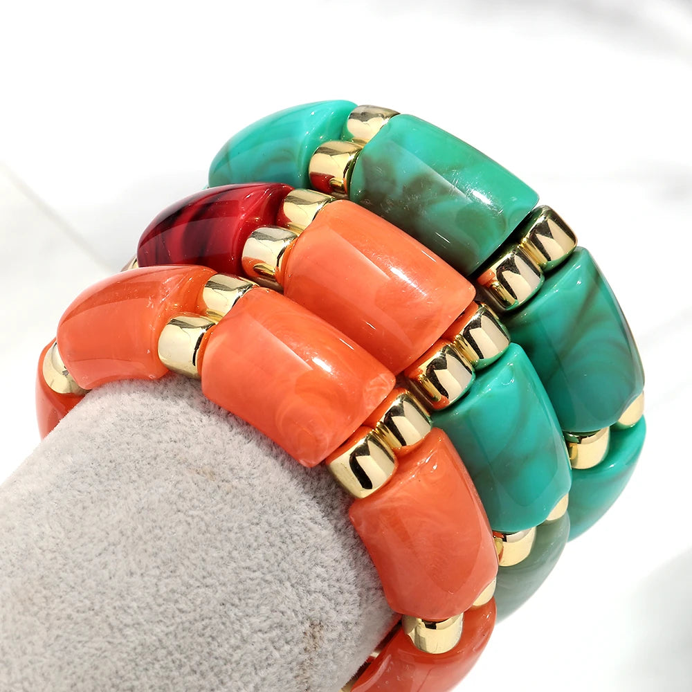 Vintage Acrylic Marbled Elastic Beads Bangle Bracelets for Women Fashion Golden CCB Round Beaded Cuff Bracelet Jewelry Gifts