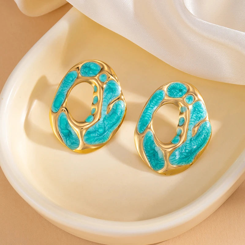 ANENJERY 316L Stainless Steel Hollow Irregular Round Stud Earrings For Women Temperament Luxury Niche Simple Jewelry Gift