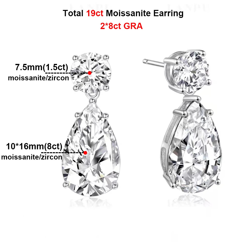 19cttw Full Moissanite Dangle Drop Earrings for Women Pear Shape Round Cut Diamond 925 Sterling Silver Wedding Jewelry With GRA