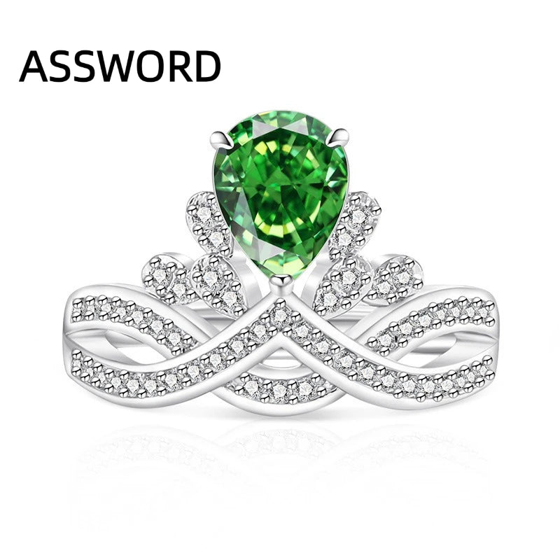 925 Sterling Silver Crown Teardrop Ice Flower Cut Cubic Zirconia Ring Twisted Split Shank Wedding Jewelry Gift for Women