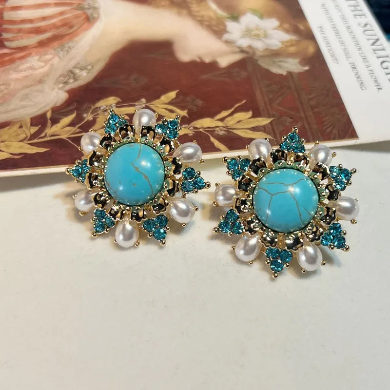 NISHIZAWA Amethyst Turquoise Earrings for Women Palace Style Geometric Retro Jewelry Fashion Elegant Aretes De Mujer