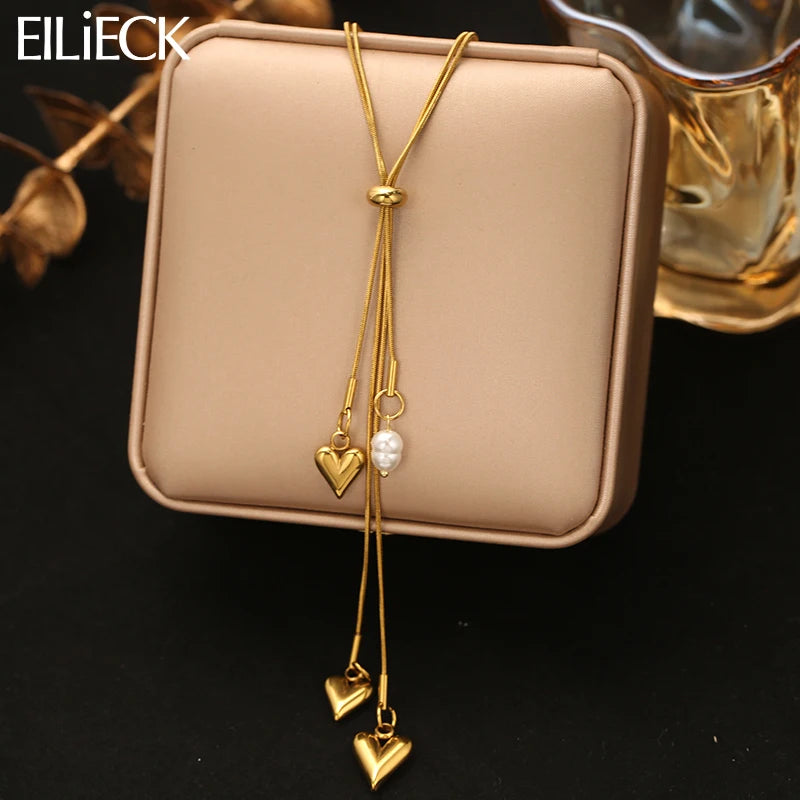 EILIECK Women's Heart Long Pendant Y-shaped Necklace 18K Gold-plated Stainless Steel Neck Chain Daily Water-resistant Jewelry