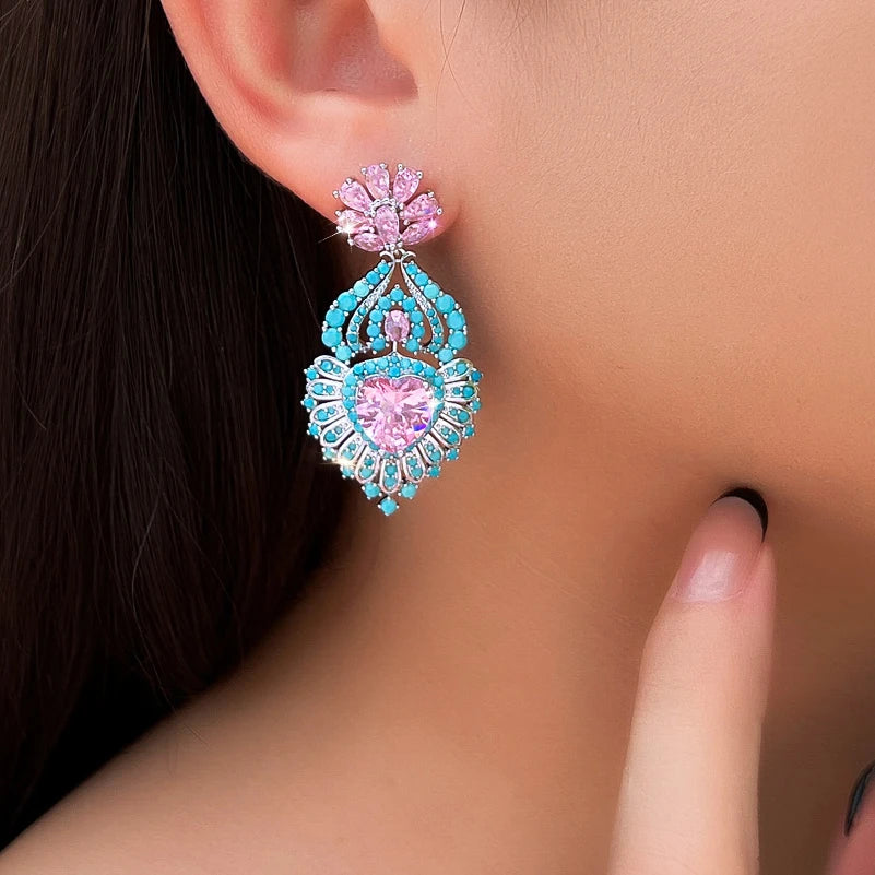 ThreeGraces Luxury Shiny Pink Heart Zirconia and Synthetic Turquoise Women Long Big Bridal Wedding Party Earrings Jewelry E2052